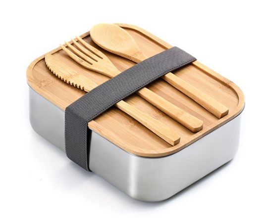 1.2L Stainless Steel Lunch Box With Bamboo Lid & Cutlery