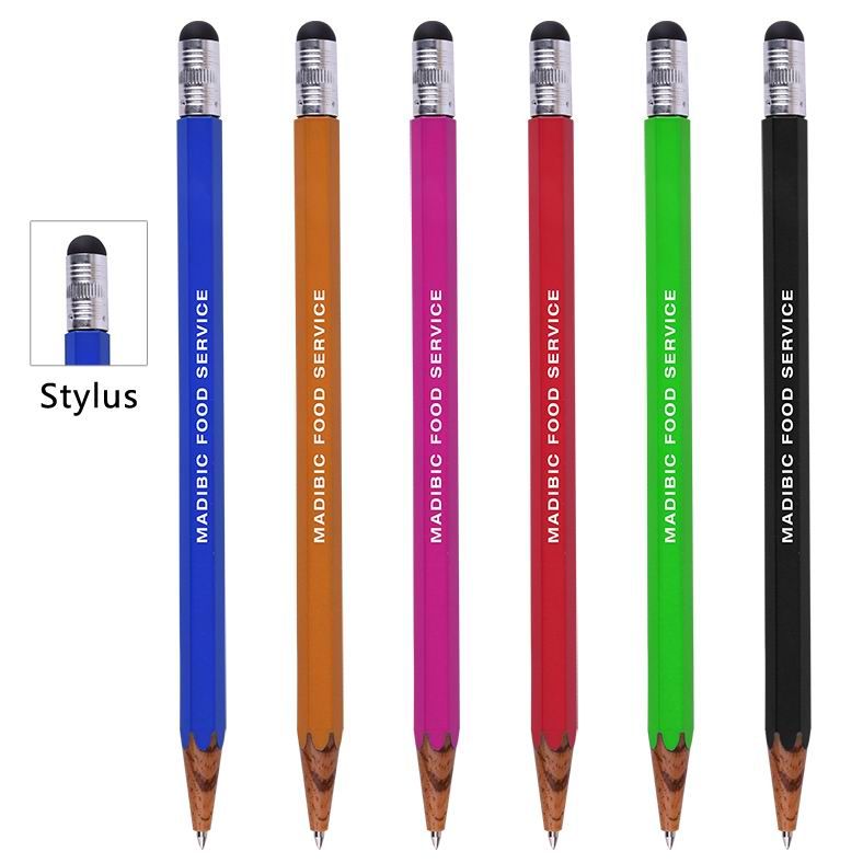 Pencil Shaped Ball Point Pen With Stylus 