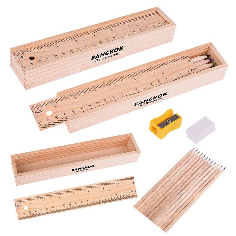 12-PC Colored Pencil In Wooden Ruler Box