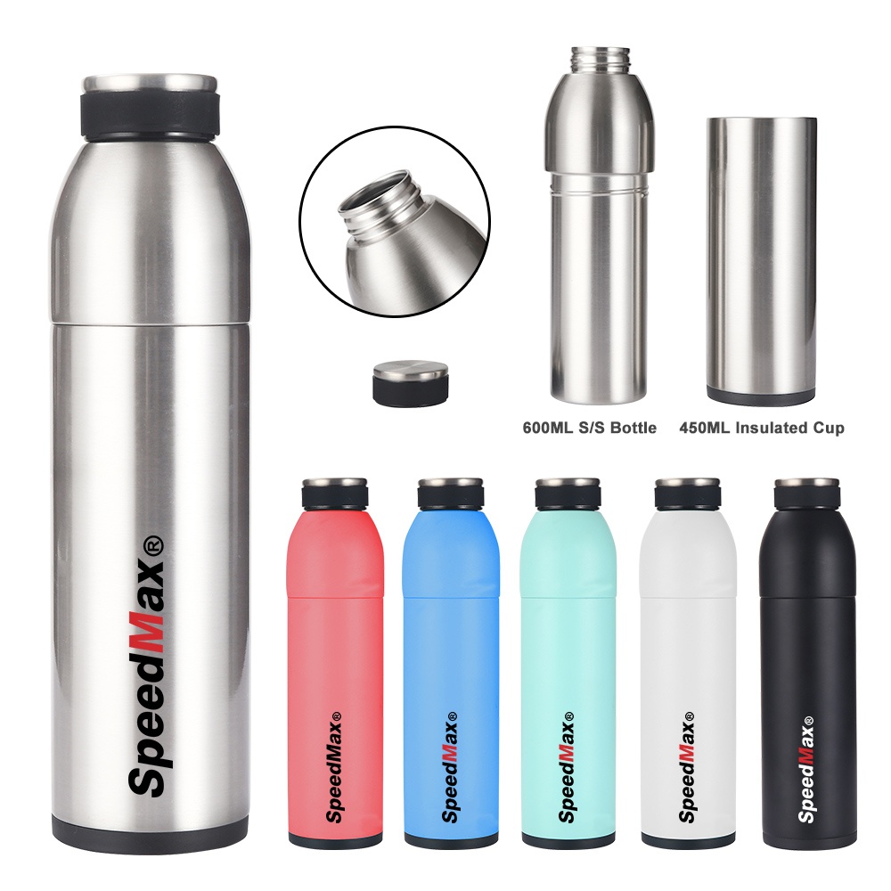 Twin Pack 600ML Stainless Steel Bottle W/Detachable Insulated Cup