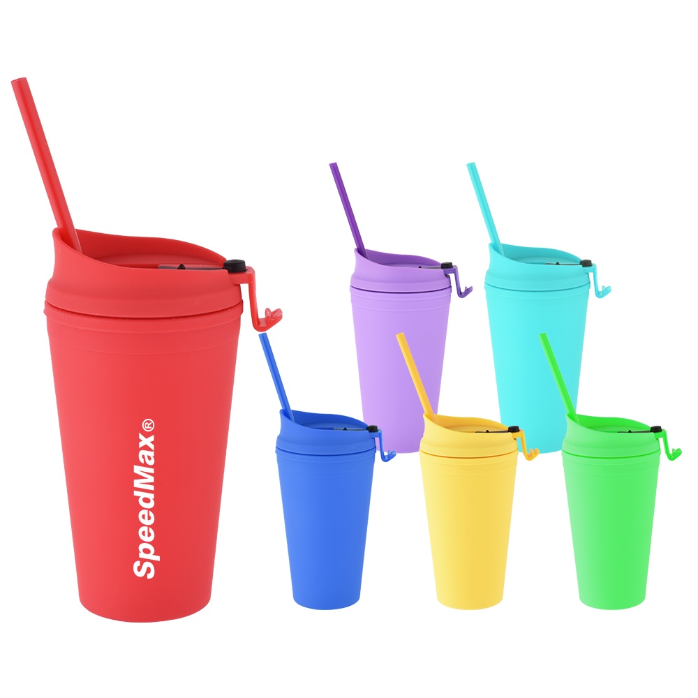 475ML Rubberized Double Wall Plastic Tumbler With Straw