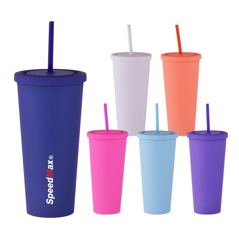700ML Rubberized Double Wall Plastic Tumbler With Straw