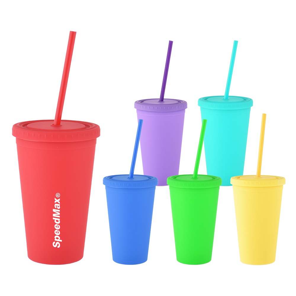 470ML Rubberized Double Wall Plastic Tumbler With Straw